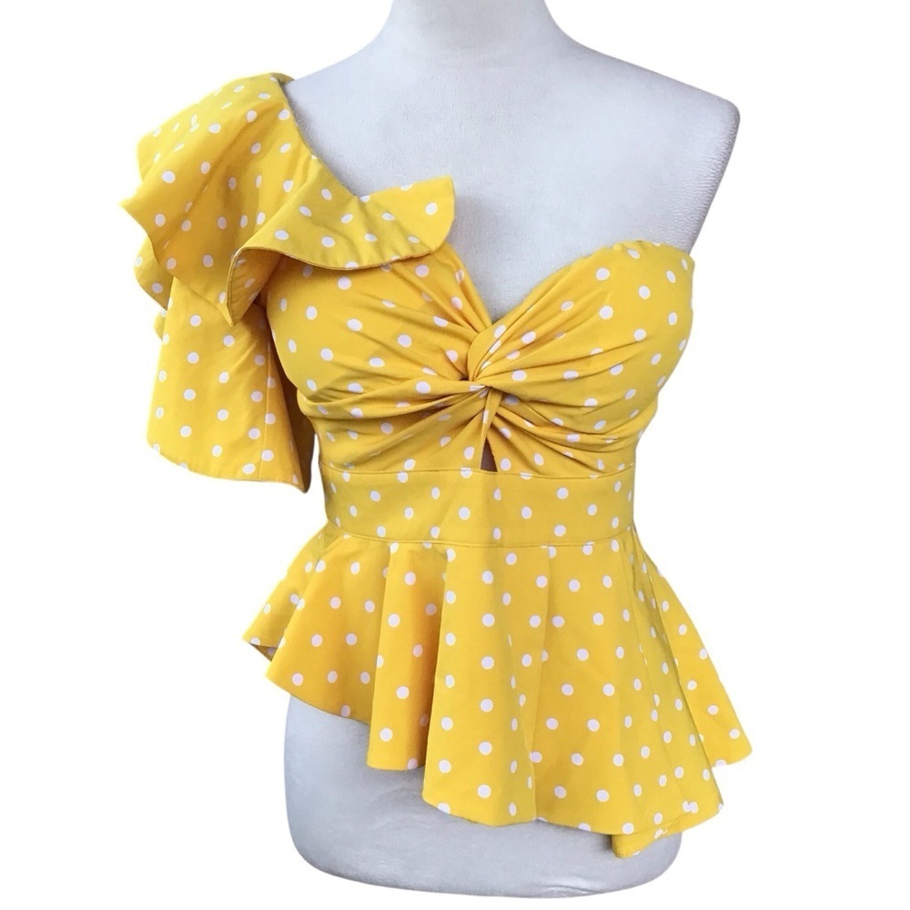 Gracia Yellow & White Polka Dot Ruffle One Shoulder Sleeve Blouse Size Small